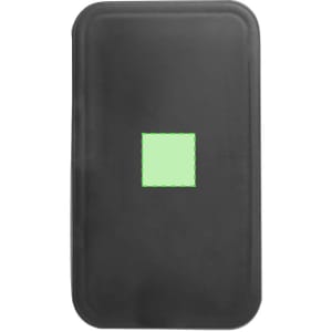 A black lunch box with a square green area on the front and a simple design. It features a logo.