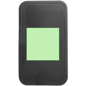 A black lunch box with a square, light green area on the front. It features a logo.