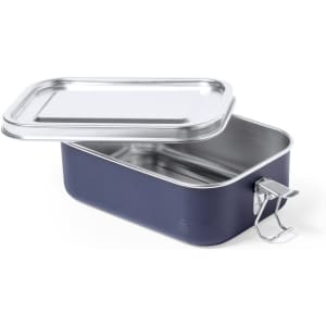 A navy blue lunch box with a stainless steel interior and a securing clip on the side. It has a removable lid.
