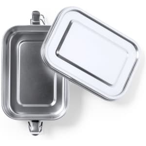A silver lunch box with a rectangular shape, featuring a removable lid and a securing clip.