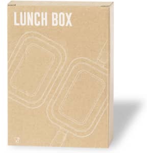 A kraft cardboard box with a minimalistic design, featuring a lunch box outline and a logo.