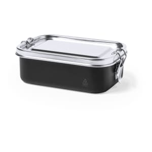 A black lunch box with a stainless steel lid and a secure locking mechanism, featuring a sleek design.