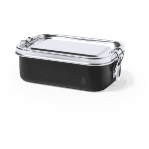 A black lunch box with a silver locking lid, featuring a sleek design and a branding logo.
