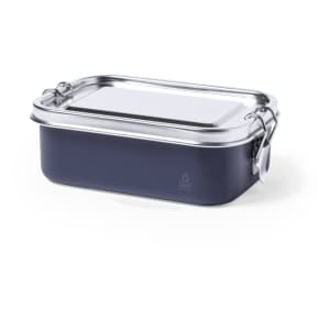 A dark blue lunch box with a stainless steel lid and a secure clasp, ideal for storing meals.
