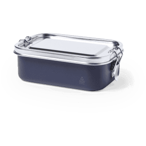 A stainless steel lunch box in navy blue with a secure lid and a metal clasp.