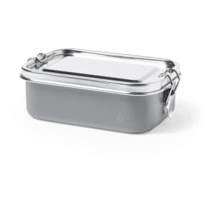 A grey lunch box with a stainless steel lid and clip closure, featuring a glass panel on top.