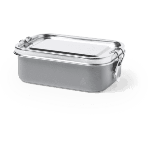 A stainless steel lunch box in silver with a metal clasp and a clear lid. It features a sleek, modern design.