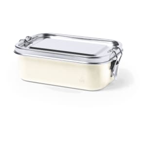 A white lunch box with a metal lid and clip closure, featuring a stainless steel design.