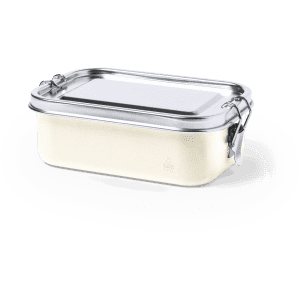 A cream-coloured lunch box with a stainless steel lid and a secure latch. It features a logo on the side.