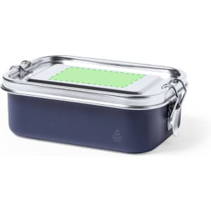 A navy blue lunch box with a stainless steel lid and a green section on top. Features a simple clasp design.