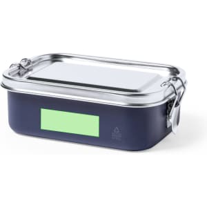A navy blue lunch box with a stainless steel lid and a secure clasp. It features a blank area for labelling.