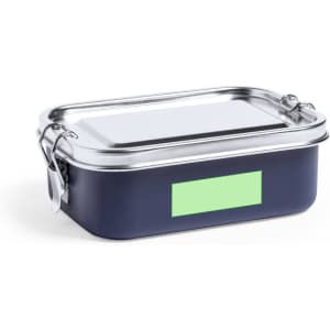 A navy blue lunch box with a silver lid and a green label area. It features a secure clasp closure.