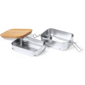 A metal lunch box in silver with a bamboo lid and a removable inner container, featuring a handle.