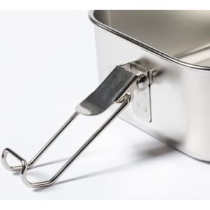 A stainless steel lunch box featuring a sturdy metal clip for secure closure. The interior is smooth and polished.