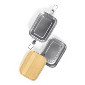 A set of two rectangular lunch boxes, one stainless steel and one bamboo lid, in a simple and modern design.