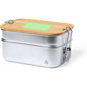 A stainless steel lunch box with a wooden lid, featuring a clamp closure. The top is smooth and rectangular.