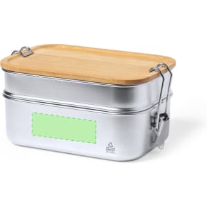 A stainless steel lunch box with a bamboo lid and metal clips, featuring a smooth, sleek design.