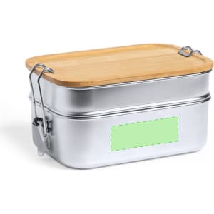 A silver lunch box with a bamboo lid, featuring a metal clasp and a blank area on the side.