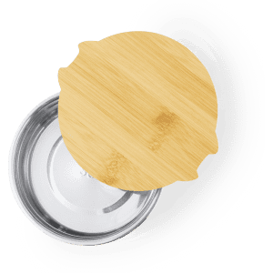 A stainless steel lunch box with a bamboo lid, featuring a sleek, minimalist design.