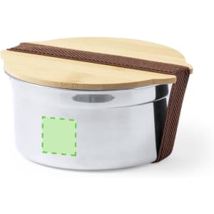 A stainless steel lunch box with a wooden lid and brown strap. It features a logo on the side.