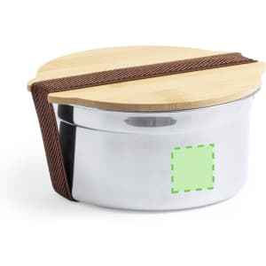 A stainless steel lunch box with a bamboo lid, secured by a brown strap. It has a small logo on the side.