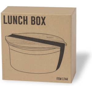 A brown cardboard box containing a round lunch box with a black strap and lid. The box has a simplistic design.