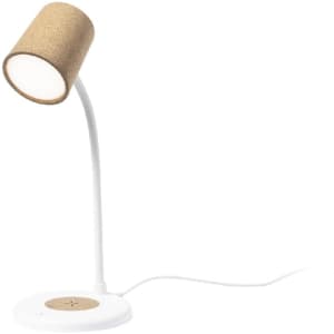 A multifunction lamp with a cork shade and white base, featuring a wireless charger in the base.