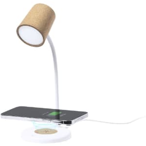 A multifunction lamp in white with a cork shade, featuring a wireless phone charger underneath.