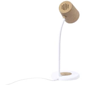 A multifunction lamp with a beige cork shade and a white base, featuring a wireless charging pad.