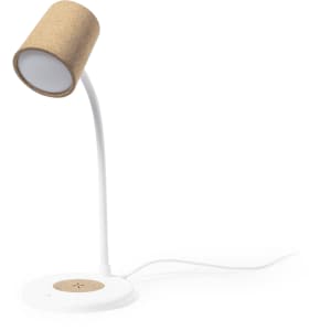 A white multifunction lamp with a cork shade and base, featuring a wireless charging pad.