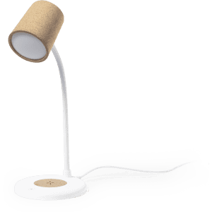 A multifunction lamp with a white base and a cork shade, designed for wireless charging capabilities.