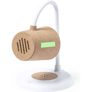 A multifunction lamp with a unique cork design, featuring a white base and integrated wireless charger.