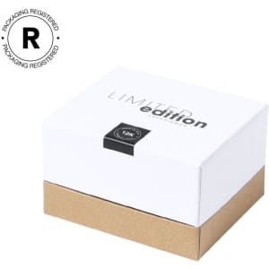 A white box with a kraft paper base, featuring text indicating it's a limited edition item. The box has a circular logo.