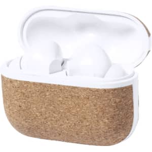A case featuring white earphones with a natural cork exterior, presented in an open position.