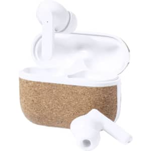 Crawly Earphones in white with a cork case. One earphone is outside the case, showcasing a sleek design.