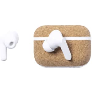 Crawly Earphones in white with a natural cork case. The case is rectangular with a smooth finish.