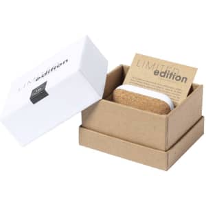 A white and brown box containing Crawly Earphones, with a card indicating it’s a limited edition product.