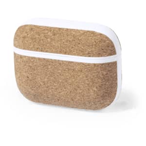 A cork-textured case for Crawly Earphones, featuring a white trim and a logo on the surface.