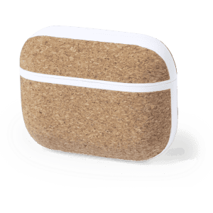A cork-textured earphone case with a white band, featuring a logo on the front.