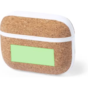 A pair of Crawly Earphones in a cork-textured case with a white-lid and a green label area. The case has a logo feature.