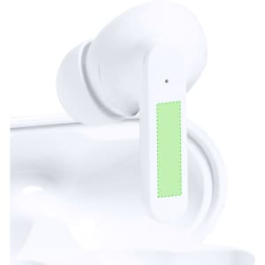A pair of white earbuds with a green accent, featuring smooth curves and a sleek design, alongside a charging case.