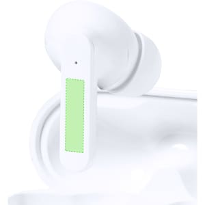 White earphones with a green accent, featuring a branding logo, designed for use with phones and technology.