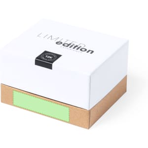 A square packaging box with a white lid and brown base, featuring a green label and logo.