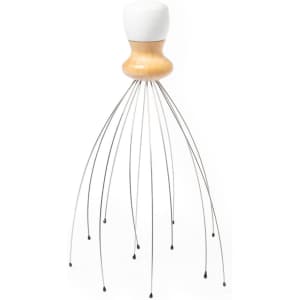 A massager with a wooden handle and metal wires, featuring a white top and black tips. It has an ergonomic design.