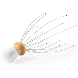 A Tefen Massager featuring a wooden handle and flexible metal wires with rounded tips, designed for personal care.
