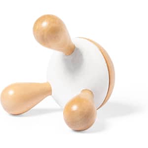 A white and wooden Tefen Massager featuring three rounded wooden knobs for therapeutic use.