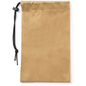 A tan drawstring pouch made of textured material, featuring a black cord for closure.