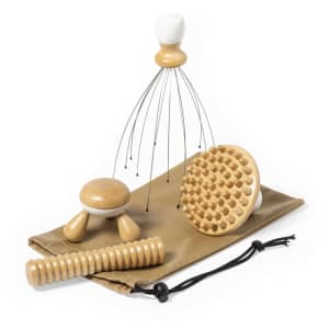 A set of wooden massage tools in various shapes, including a circular massager, a roller, and a wire massager, in a canvas pouch.
