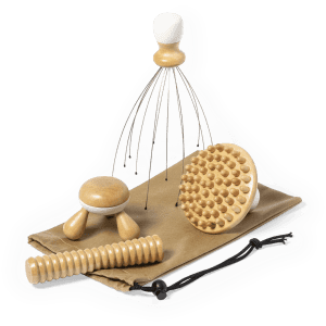 A beige pouch contains a variety of wooden massagers in different shapes and sizes.