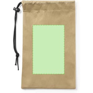 A brown drawstring pouch with a rectangular green patch in the centre and a black cord.